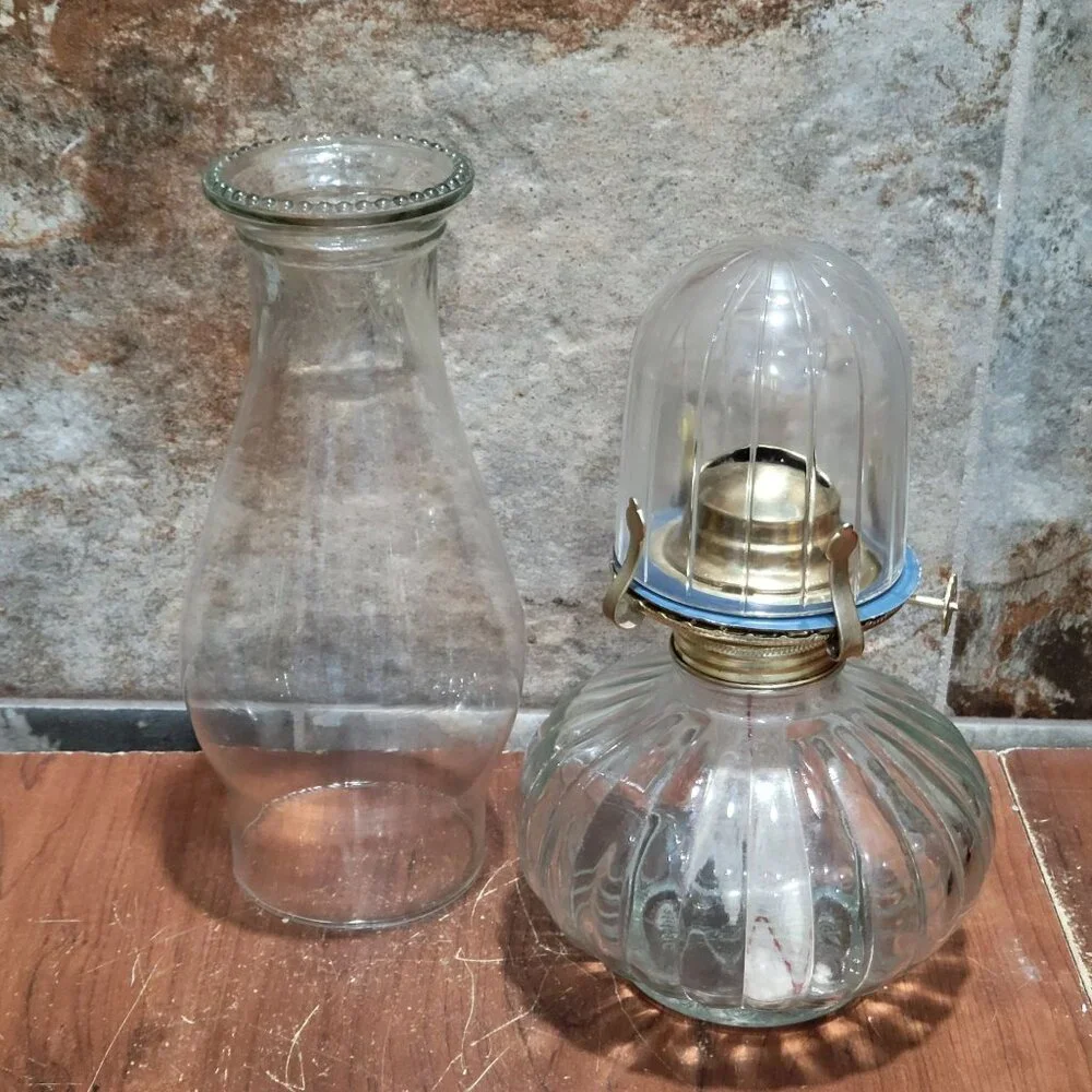 Vintage Golden Globe Clear Glass Kerosene Oil Lamp Ribbed Base